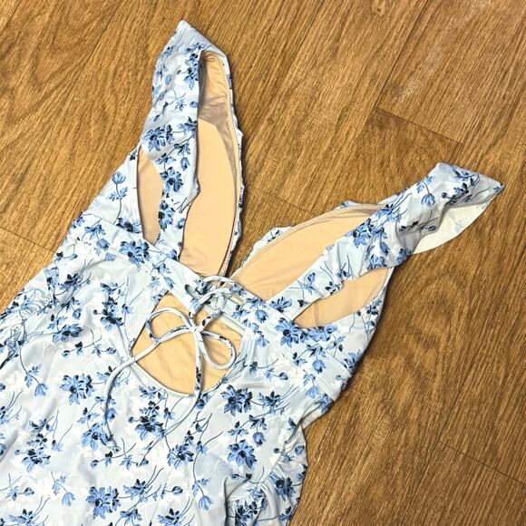 A Pea in the Pod Maternity Blue Floral Ruffle One-Piece Swimsuit Size Small - Picture 10 of 14